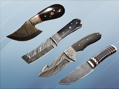 Damascus steel skinning knife 4 Pcs set with leather sheath, Bull horn scale
