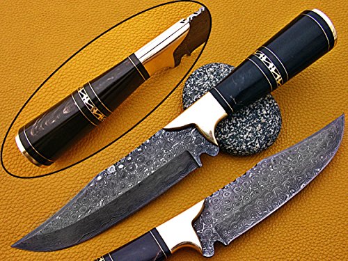 12" Long Damascus steel Skinning Knife hand forged Twist pattern Damascus steel, Rose wood round scale crafted with engraved brass spacer & cap, Cow hide leather sheath with belt loop