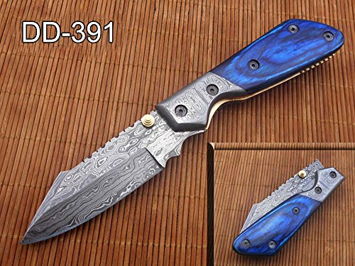 8.3" Long Hand Forged Custom Made Damascus Steel Pocket Clip Folding Knife, Various Scale Colors Available with Damascus Bolster, 4" Long Blade, Cow Hide Leather Sheath with Belt Loop