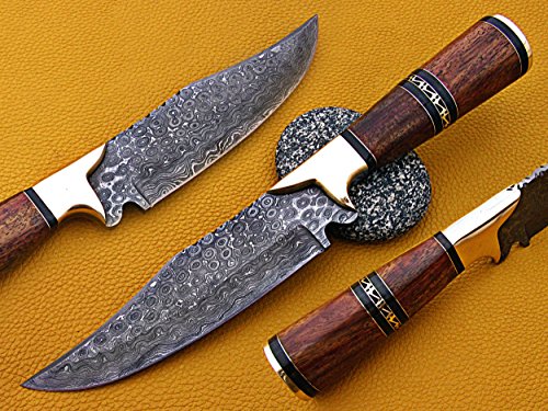 12" Long Damascus steel Skinning Knife hand forged Twist pattern Damascus steel, Rose wood round scale crafted with engraved brass spacer & cap, Cow hide leather sheath with belt loop