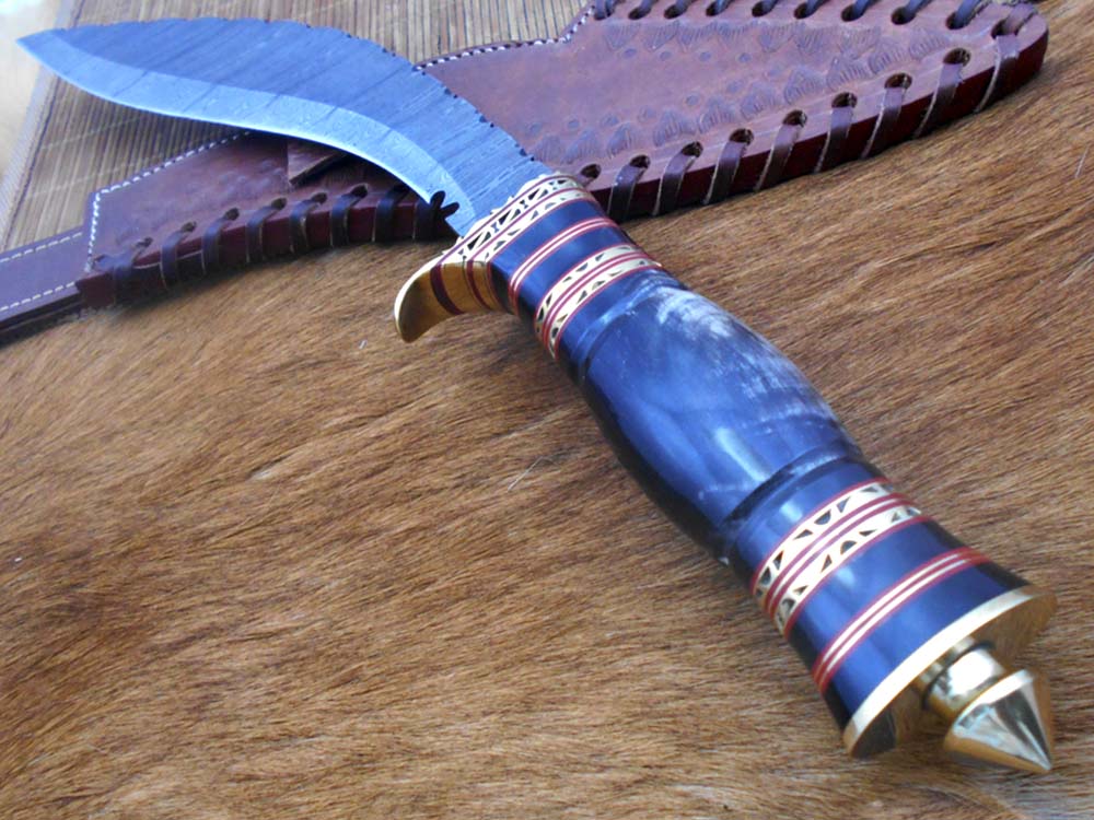 15 Inches long Damascus Steel Kukri Knife, custom made Hand Forged Damascus steel With 10" long blade, Black Bull horn crafted with engraved brass scale, Cow Leather Sheath