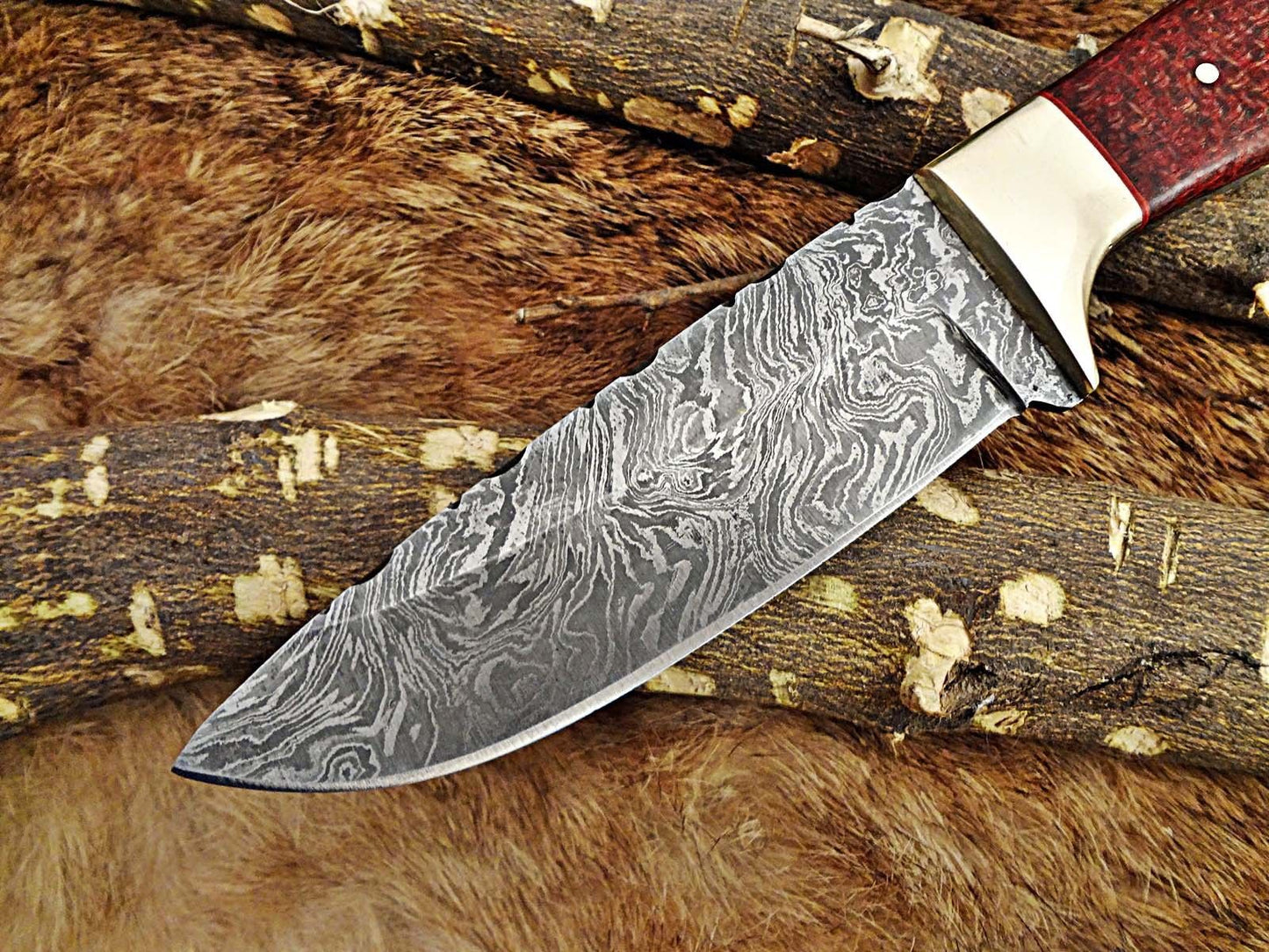 DAMASCUS STEEL 9.5" LONG FULL TANG BLADE SKINING KNIFE, WOOD & BONE, COW SHEATH