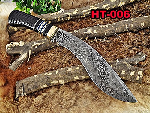 14" Long hand forged Damascus steel hunting Kukri Knife, Engraved Buffalo Horn with Brass & blue fiber scale, Cow hide Leather sheath