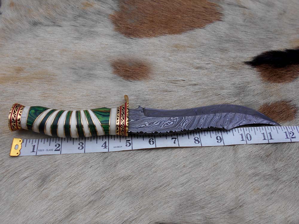 12" Long Damascus steel Hunting Bowie knife hand forged, exotic scale crafted with engraved brass, sliced camel bone and Wood W/brass spacer