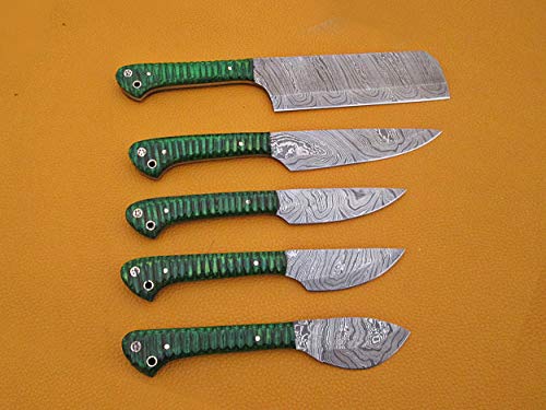 5 pieces Custom made hand forged Damascus steel blade kitchen knife set, Green jigged scale, Overall 45 inches Length of Damascus sharp knives (10.6+9.6+9.0+8.0+7.6) Inches, Leather suede sheath