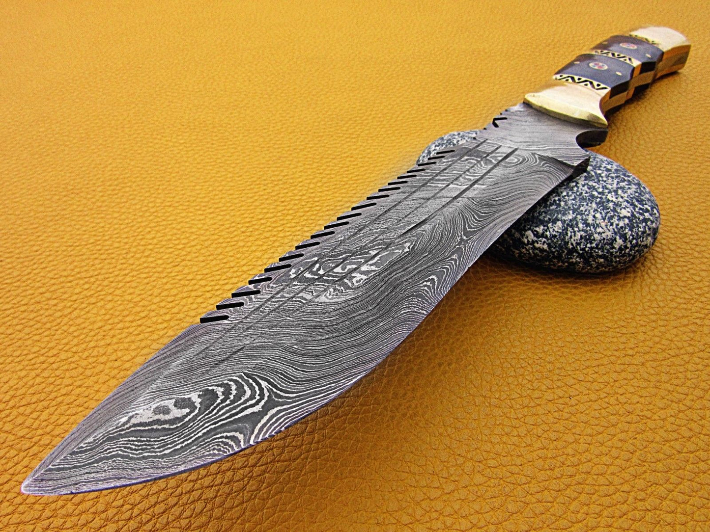 14″ long Damascus steel full tang blade hunting knife, Bull horn scale with engraved Brass spacer & bolster, Co hide Leather sheath