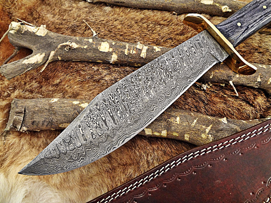 15" Long hand forged Damascus steel Hunting Bowie Knife, 2 tone Black Dollar wood with Brass finger guard, Cow Hide Leather sheath with belt loop
