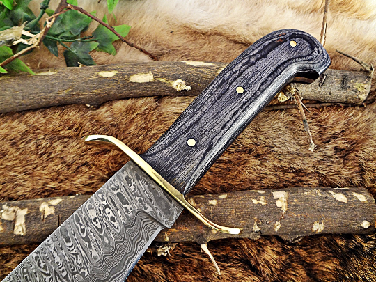 15" Long hand forged Damascus steel Hunting Bowie Knife, 2 tone Black Dollar wood with Brass finger guard, Cow Hide Leather sheath with belt loop