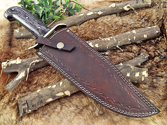 15" Long hand forged Damascus steel Hunting Bowie Knife, 2 tone Black Dollar wood with Brass finger guard, Cow Hide Leather sheath with belt loop