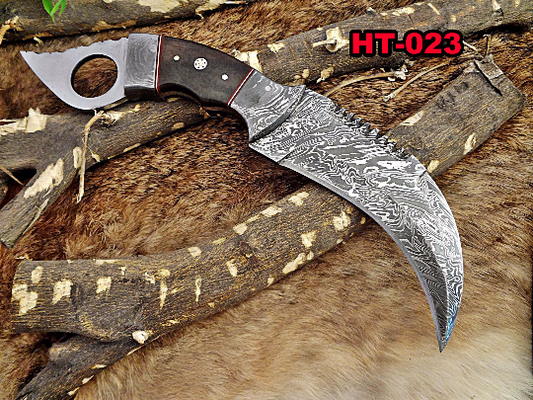 11" Long hand forged Damascus steel Karambit Knife, Colored Camel Bone with Damascus Bolster & Pommel finger hole, Leather sheath