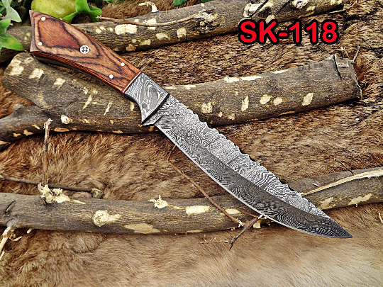 11" Long Damascus steel full tang trailing point blade skinning Knife with Leather sheath, Available in 3 scales with bolster