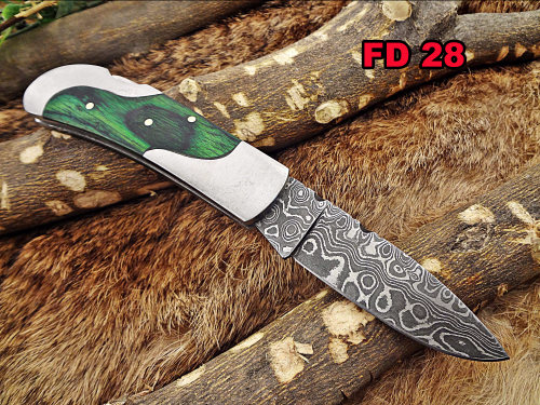6.5 " Damascus steel Folding pocket Knife, 4 scales options, cow leather sheath included