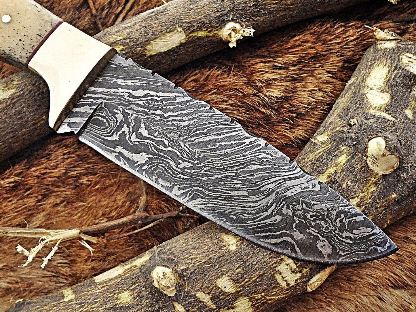 DAMASCUS STEEL 9.5" LONG FULL TANG BLADE SKINING KNIFE, WOOD & BONE, COW SHEATH