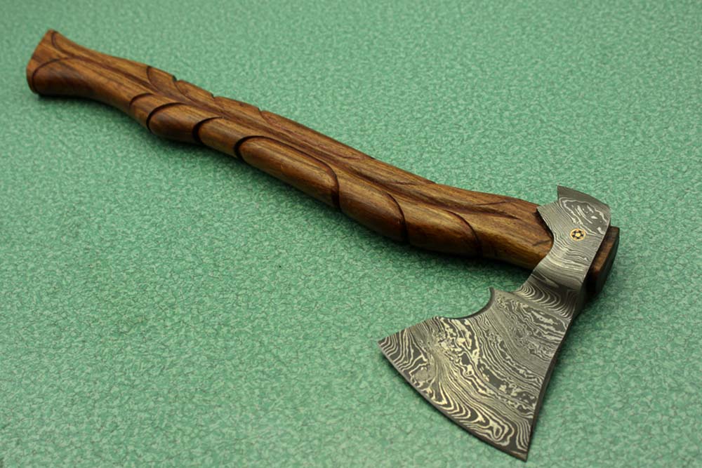 20 Inches long Damascus steel tomahawk Axe, Engraved Rose wood handle bearded hiking battle Axe, Hand Forged Damascus steel head, thick cow hide leather sheath