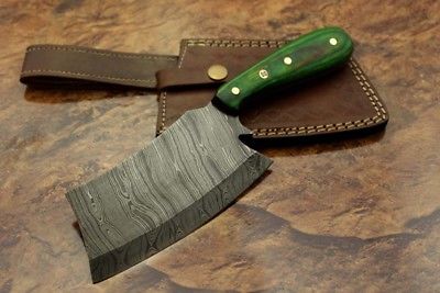 9.5" hand forged Damascus steel butcher Cleaver, chopper knife, Leather sheath