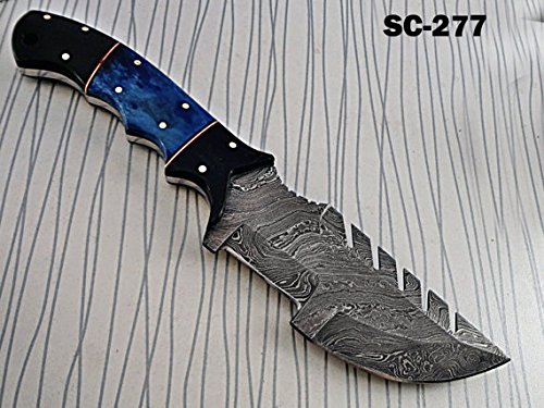 Damascus steel 10" Long full tang tracker Knife hand forged twist pattern, Colored bone & bull horn scale, thick Cow hide leather sheath