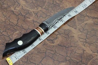 9" Long hand forged Damascus steel Skinning Knife, Round engraved brass, Bull horn & Camel bone scale, Cow hide Leather sheath