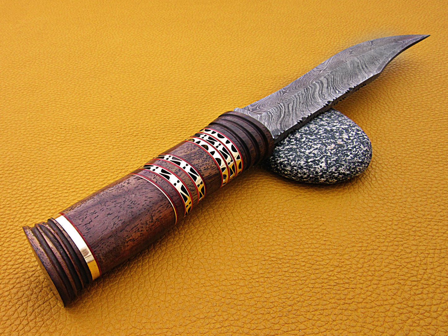 13.5" Long hand forged Damascus steel exotic Hunting Knife with 7" blade, Exotic Rose wood scale crafted with engraved brass & fiber spacing, Cow Leather sheath included