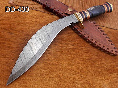 15 Inches long Damascus Steel Kukri Knife, custom made Hand Forged Damascus steel With 10" long blade, Black Bull horn crafted with engraved brass scale, Cow Leather Sheath