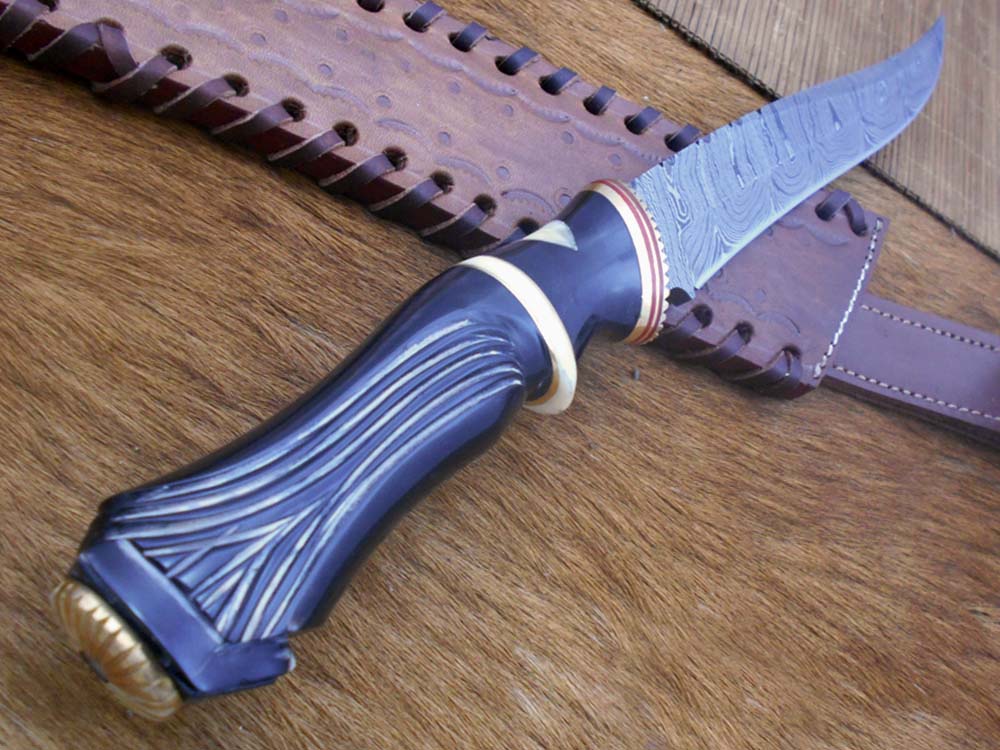 13" Long custom made carved round scale skinning knife crafted with engraved brass, 7.5" Hand forged Damascus steel blade, Cow hide Leather sheath included