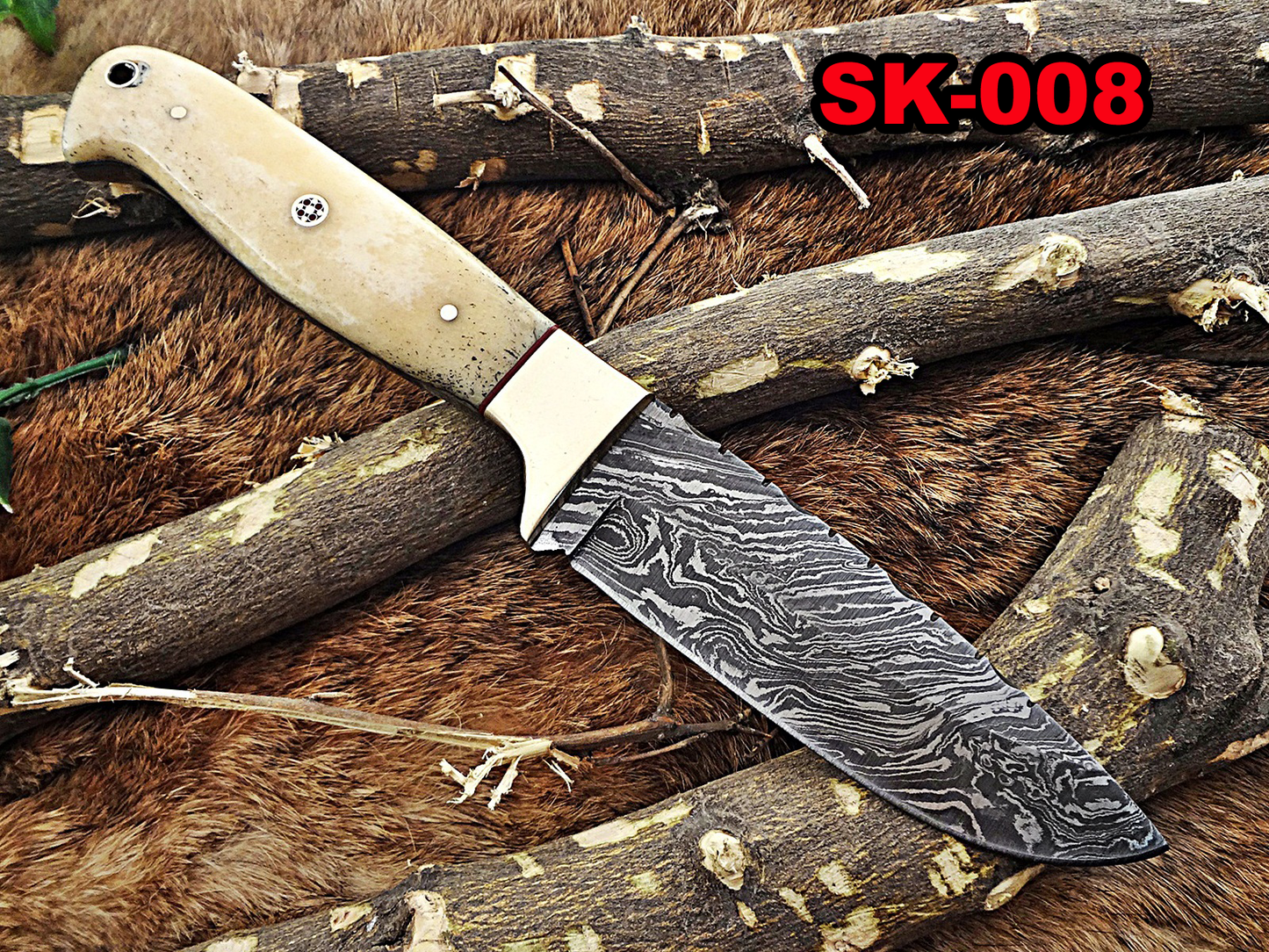 DAMASCUS STEEL 9.5" LONG FULL TANG BLADE SKINING KNIFE, WOOD & BONE, COW SHEATH
