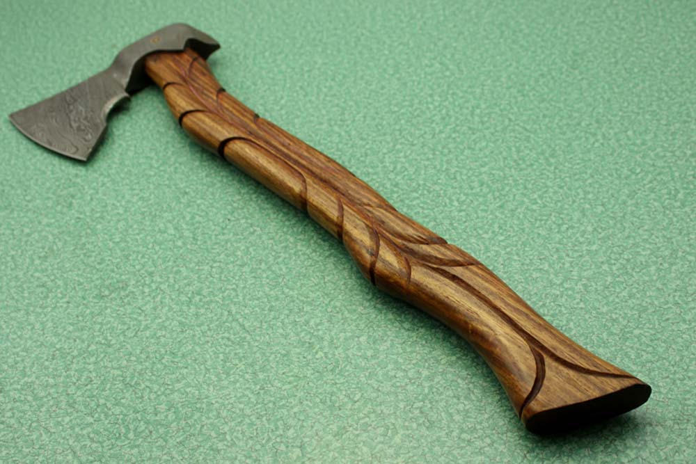 20 Inches long Damascus steel tomahawk Axe, Engraved Rose wood handle bearded hiking battle Axe, Hand Forged Damascus steel head, thick cow hide leather sheath