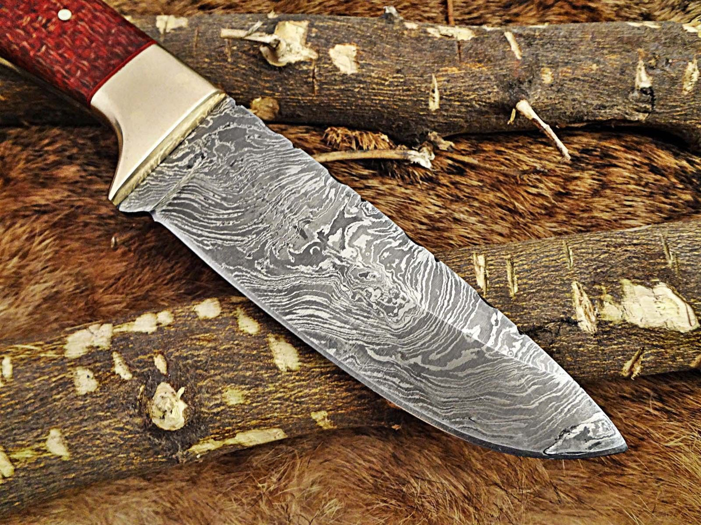 DAMASCUS STEEL 9.5" LONG FULL TANG BLADE SKINING KNIFE, WOOD & BONE, COW SHEATH