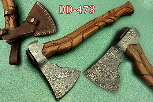 20 Inches long Damascus steel tomahawk Axe, Engraved Rose wood handle bearded hiking battle Axe, Hand Forged Damascus steel head, thick cow hide leather sheath