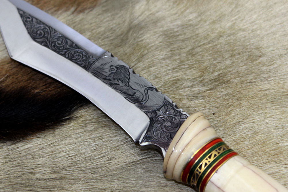 11" Long Tanto blade Skinning Knife, hand engraved D-2 stainless steel & Damascus steel, Round scale crafted with engraved Brass & fiber spacer, Cow hide Leather sheath