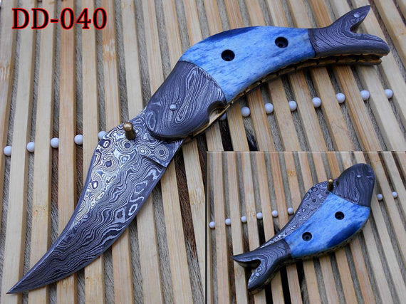 Fish shape 8" folding pocket knife available in 3 natural scales, Cow leather sheath included