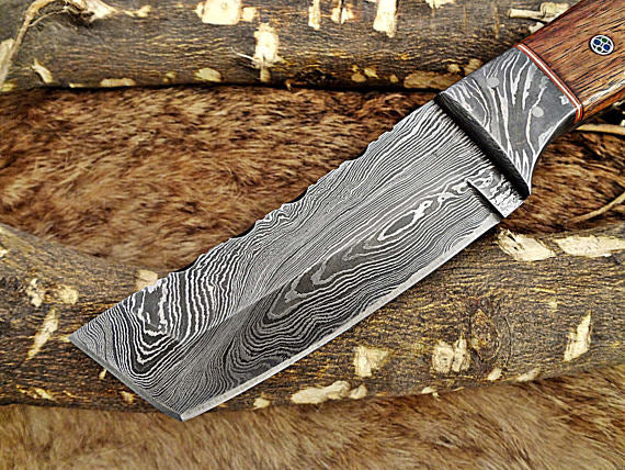 8" Long hand forged Damascus steel full tang Tanto blade pocket Knife, Available in 3 scales, includes Cow leather sheath