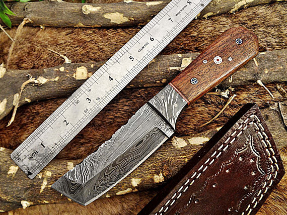 8" Long hand forged Damascus steel full tang Tanto blade pocket Knife, Available in 3 scales, includes Cow leather sheath