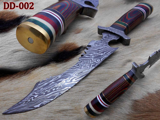 Damascus Steel Dagger Knife with finger guard 12 Inches custom made Hand Forged 7.5" long blade, Colored wood scale, cow hide leather sheath