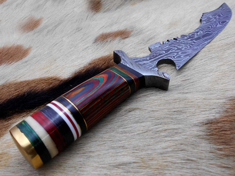 Damascus Steel Dagger Knife with finger guard 12 Inches custom made Hand Forged 7.5" long blade, Colored wood scale, cow hide leather sheath