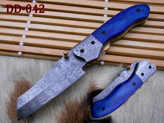 Damascus steel 7.8" folding hand forged custom rain drop patren knife 3.5" Blade Colored Bone & Damascus bolster scale cow leather sheath