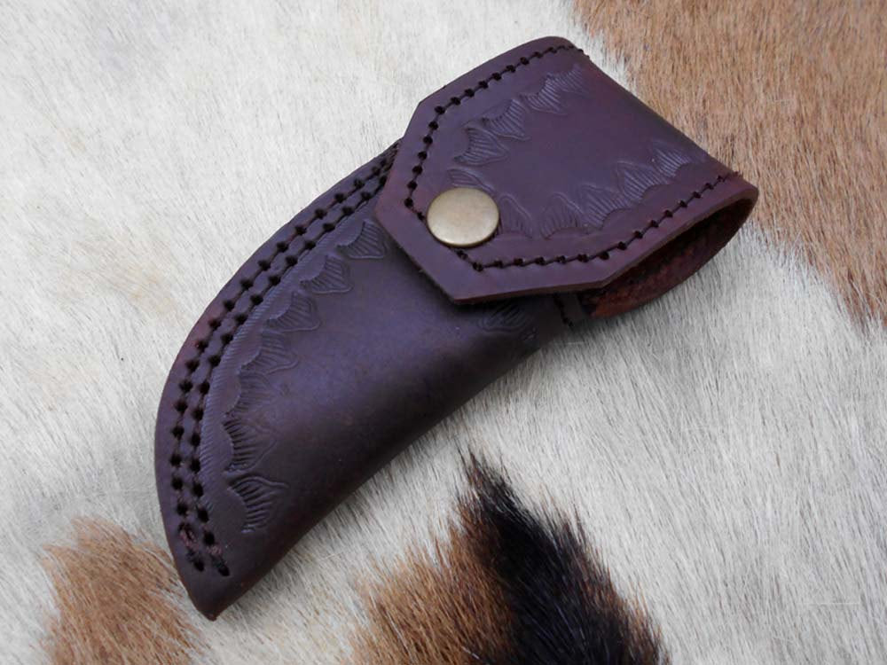 Damascus steel 7.8" folding hand forged custom rain drop patren knife 3.5" Blade Colored Bone & Damascus bolster scale cow leather sheath
