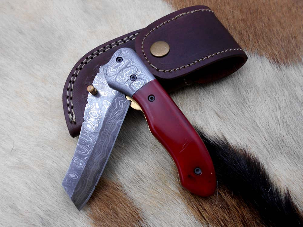 Hand forged Damascus steel 7.8" folding custom Ledder patren knife 3.5" Blade Colored Bone & Damascus bolster scale cow leather sheath