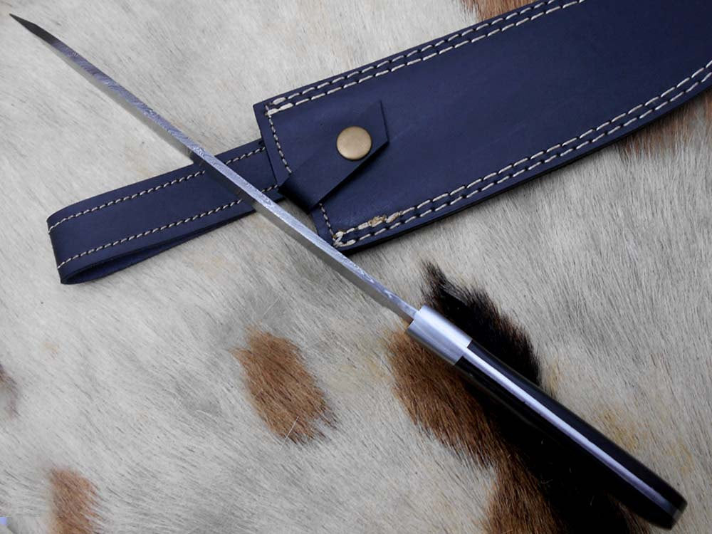 Damascus Steel kitchen Knife Custom made 13 Inches long Hand Forged Chef Knife 7.2" edge Buffalo Horn W/Bolster scale, cow leather sheath