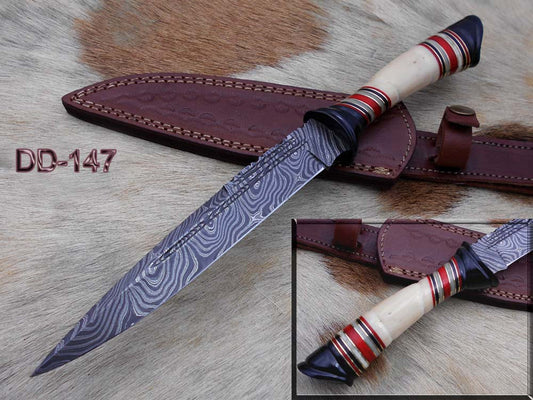 13" Long Damascus steel skinning knife hand forged Polished camel bone with red fiber and  brass spacer hand crafted scale custom made