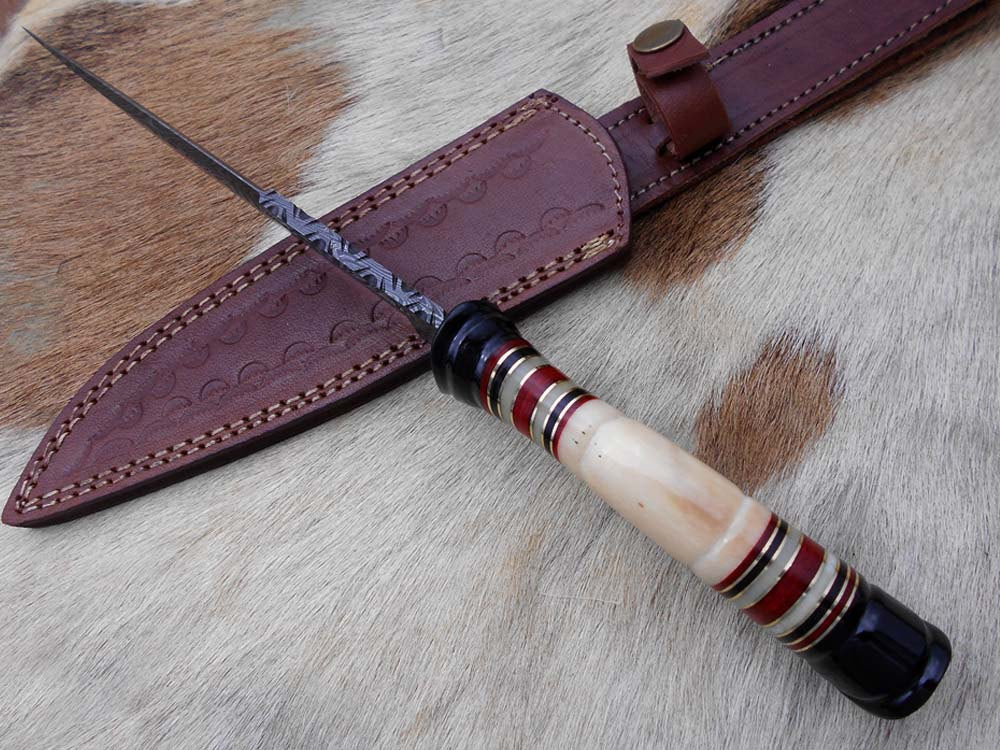 13" Long Damascus steel skinning knife hand forged Polished camel bone with red fiber and brass spacer hand crafted scale custom made
