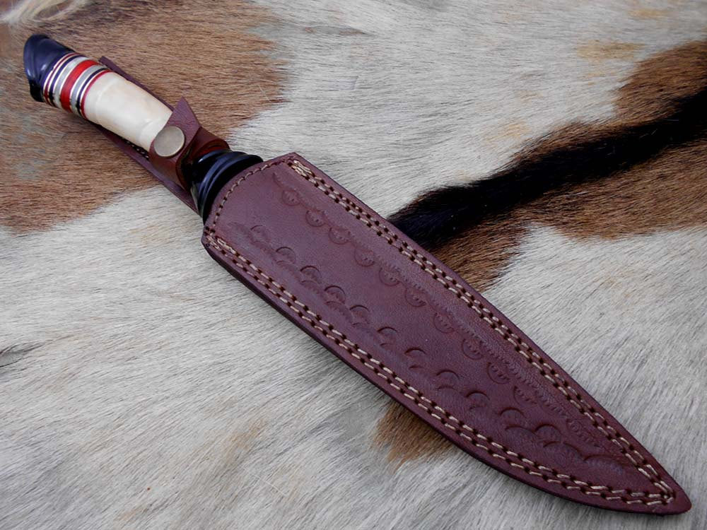 13" Long Damascus steel skinning knife hand forged Polished camel bone with red fiber and brass spacer hand crafted scale custom made