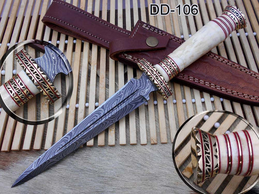 12.2" Long Damascus Dagger hand forged Knife 6.2" dual edge very exotic camel bone scale crafted with engraved brass work and fiber spacing