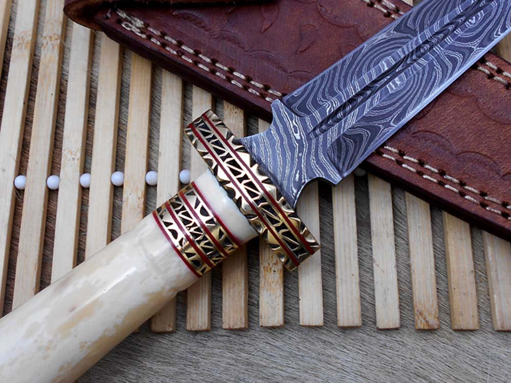 12.2" Long Damascus Dagger hand forged Knife 6.2" dual edge very exotic camel bone scale crafted with engraved brass work and fiber spacing