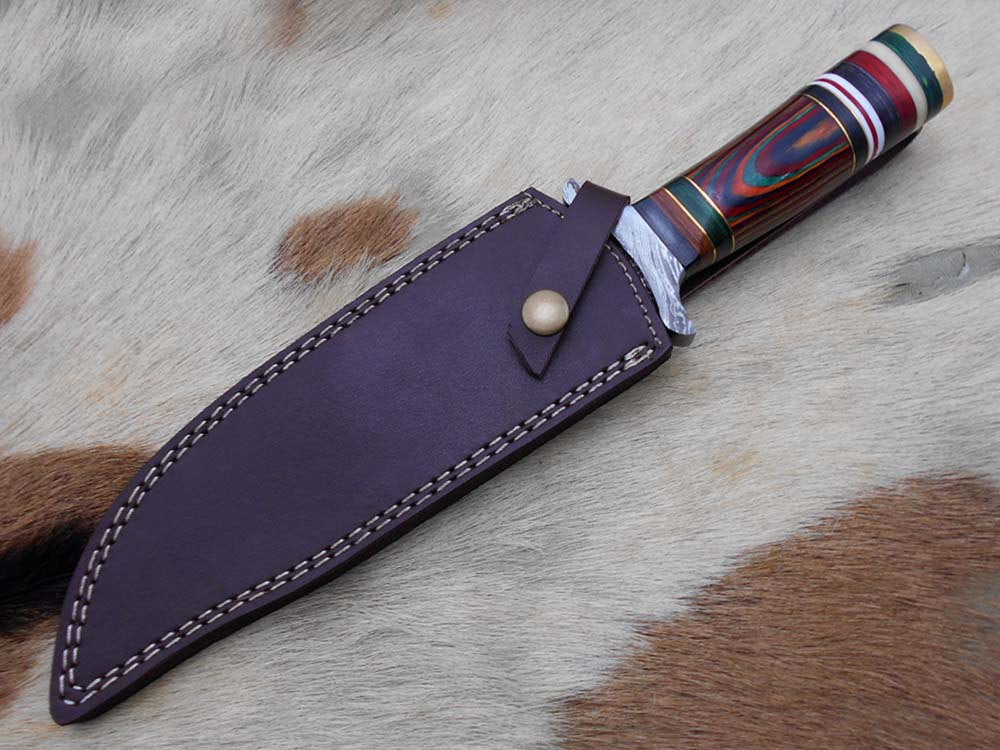 Damascus Steel Dagger Knife with finger guard 12 Inches custom made Hand Forged 7.5" long blade, Colored wood scale, cow hide leather sheath