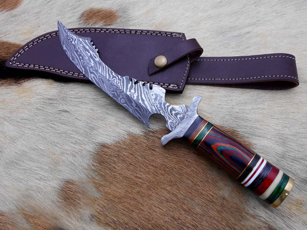Damascus Steel Dagger Knife with finger guard 12 Inches custom made Hand Forged 7.5" long blade, Colored wood scale, cow hide leather sheath
