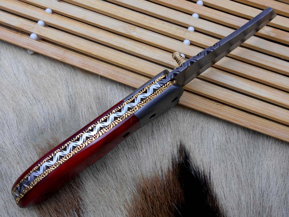 Hand forged Damascus steel 7.8" folding custom Ledder patren knife 3.5" Blade Colored Bone & Damascus bolster scale cow leather sheath
