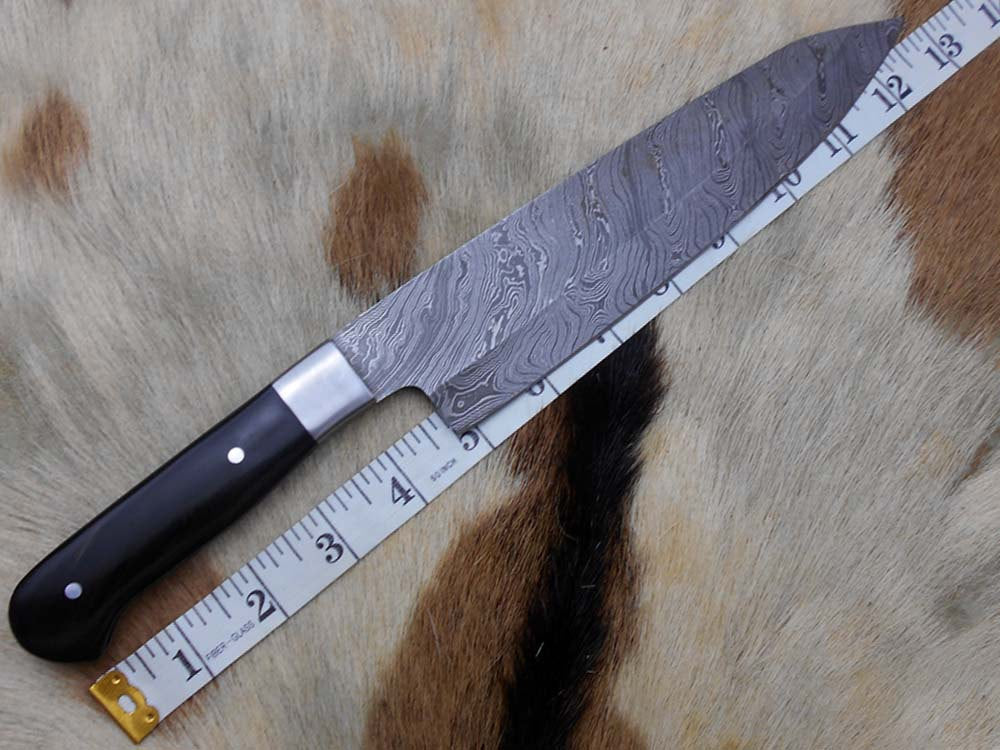 Damascus Steel kitchen Knife Custom made 13 Inches long Hand Forged Chef Knife 7.2" edge Buffalo Horn W/Bolster scale, cow leather sheath