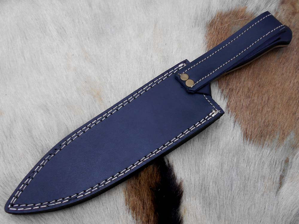 Damascus Steel kitchen Knife Custom made 13 Inches long Hand Forged Chef Knife 7.2" edge Buffalo Horn W/Bolster scale, cow leather sheath