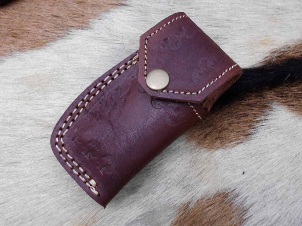 Fish style Damascus steel folding pocket knife hand forged custom twisted 6.8" compact W/Camel Bone & brass exotic scale, leather sheath