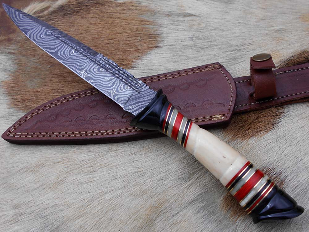 13" Long Damascus steel skinning knife hand forged Polished camel bone with red fiber and brass spacer hand crafted scale custom made